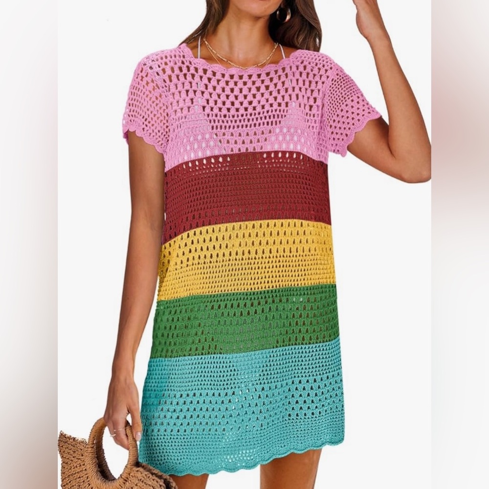 Crochet Rainbow Stripe Cover Up Dress - Pink, Red, Yellow, Green, Teal